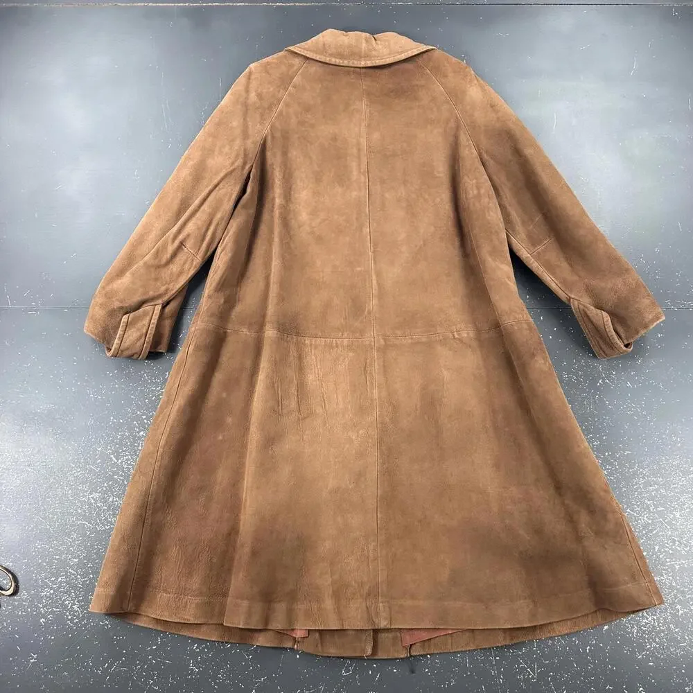 VTG Suede Leather Trench Coat Womens Med/LRG Brown Soft Duster Boho Chic 60's - Picture 8 of 10